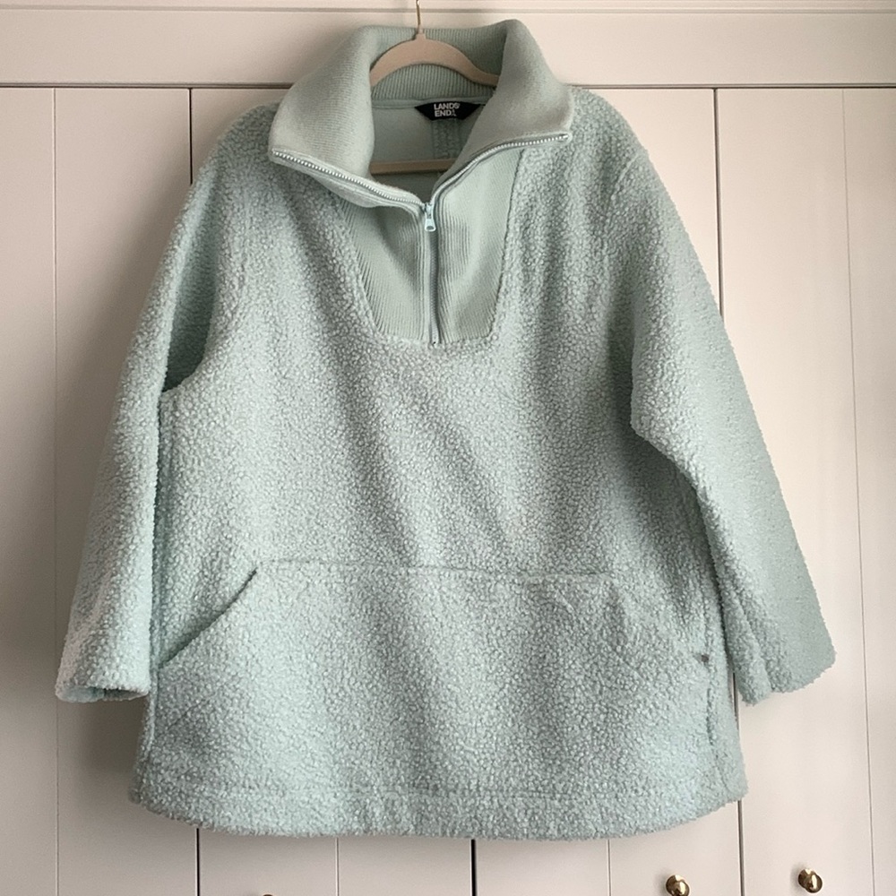 Lands End Women's Plus Size Cozy Boucle Fleece Pullover 1X Light Blue Aqua
